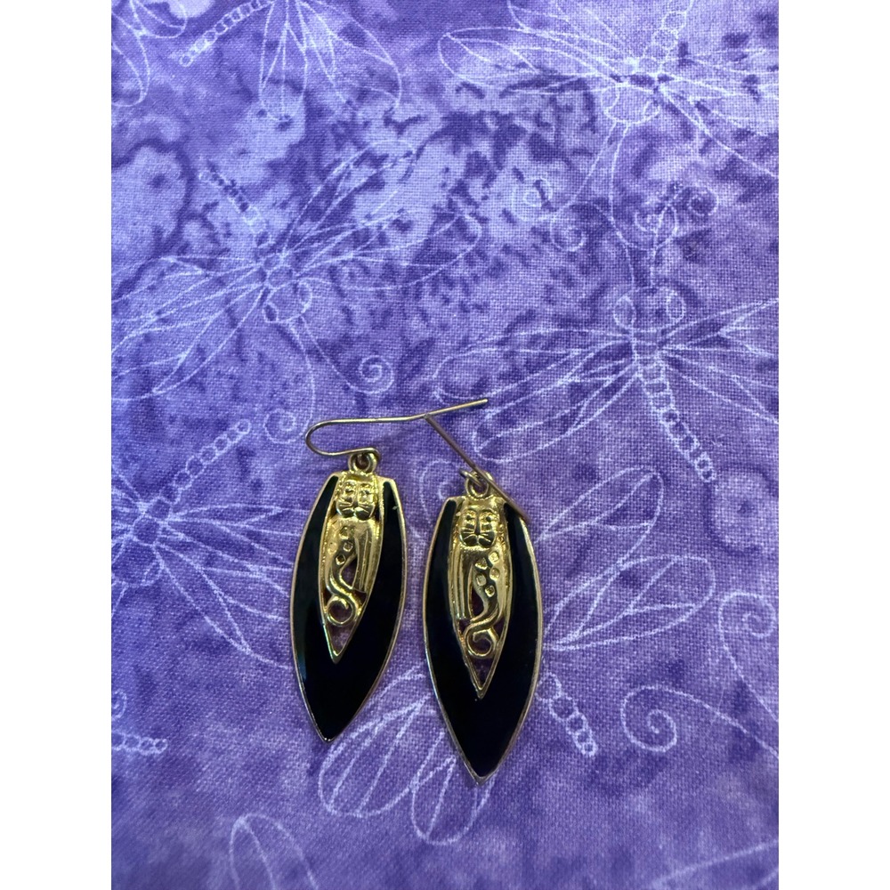 Women Dangle Earrings Gold Tone Black Enamel Art Deco Cat Kitten Motif Whimsical
